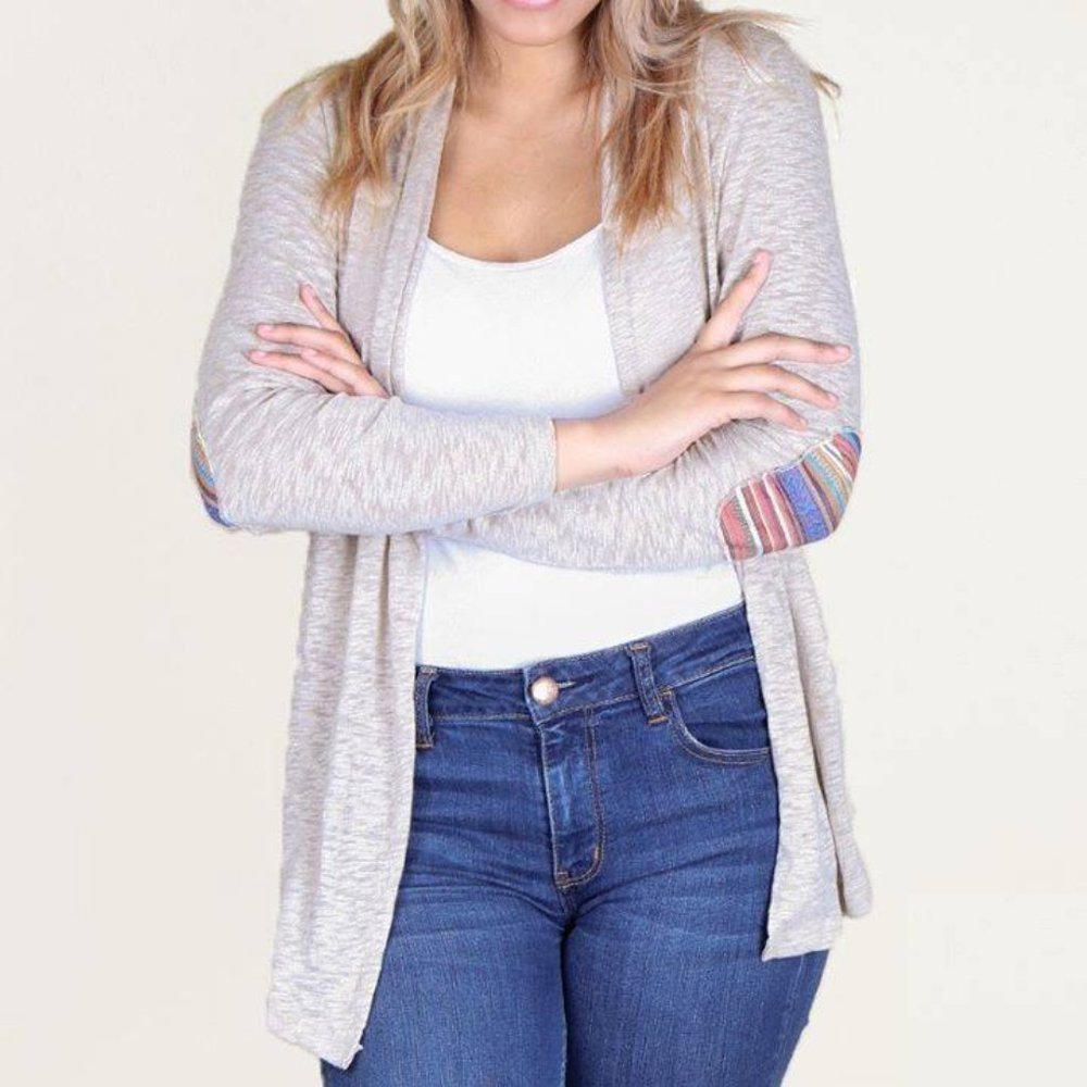 beige cardigan w/ aztec elbow patches